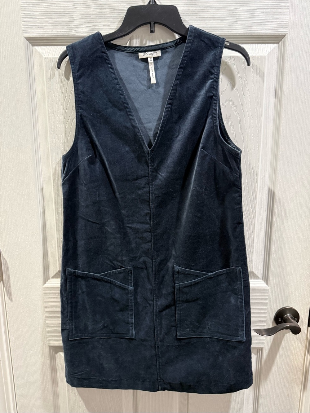 Thought Velvet Pinafore Dress 10 Dark Teal Blue Jumper Sleeveless V Neck Pockets